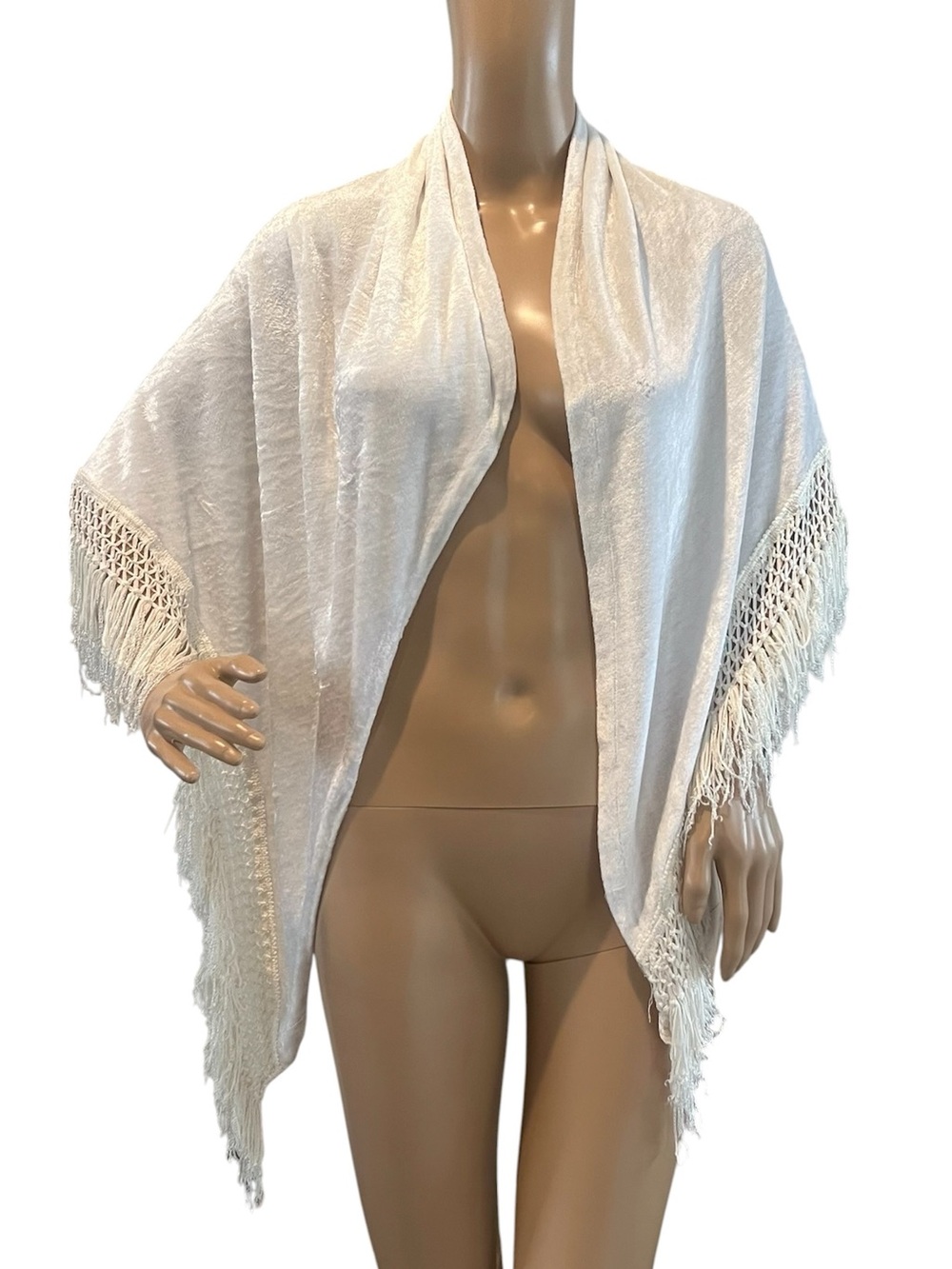 White Velvet Crochet Trimmed Fringe Triangle Shawl Wrap Boho